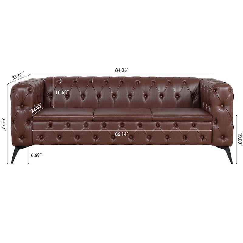 PU Leather Upholstered 3 Seater Sofa, Tufted Sofa with Removable Cushions & Square Arms, Lounge Sofa Chair with Iron Legs