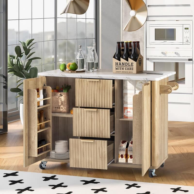 55.5" Fluted Kitchen Island with Drop Leaf and Storage Features Power Outlet and Adjustable Shelves