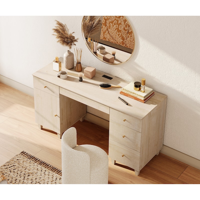 58" Wooden Vanity Desk with Storage Cabinet and Charging Station for Girls, Vanity Dressing Table for Bedroom