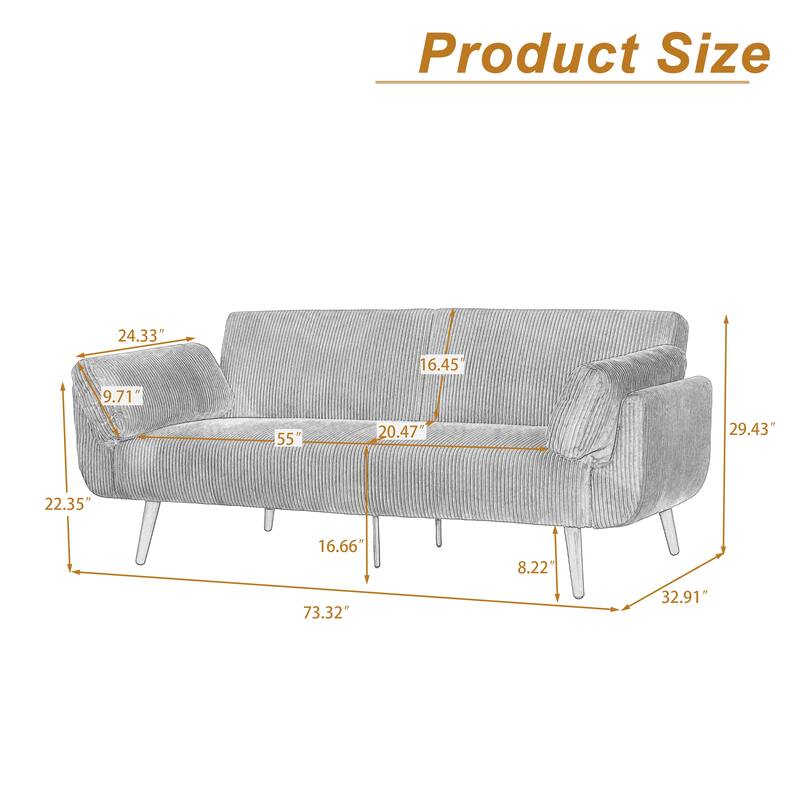 73.3" Wide Modern Corduroy Convertible Sleeper Sofa 3-position Loveseat