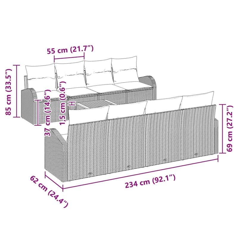 vidaXL 9 Garden Sofa Set with Cushions Black/Grey Poly Rattan - 92.1 x 24.4 x 27.2