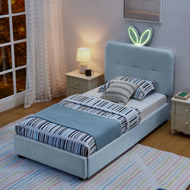 Kids Boucle Upholstered Bed with Rabbit Ear Headboard, LED Music Sync & 4 Drawers