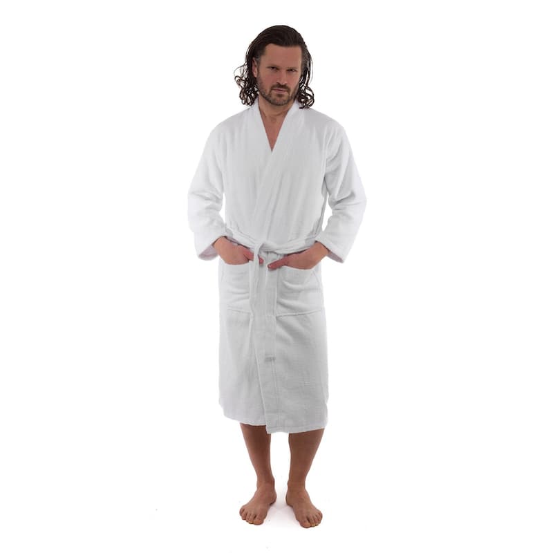 Classic White Turkish Cotton Belted Kimono Terry Cloth Bathrobe with 2 Pockets