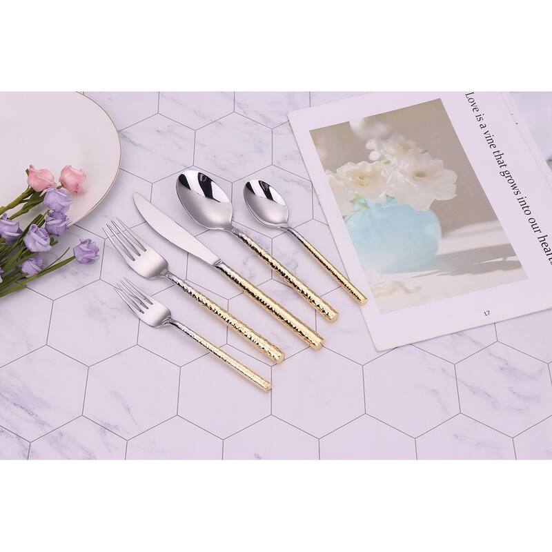 20 Pc Flatware Set Silver With Graduated Gold Pebbled Handles - Service For 4