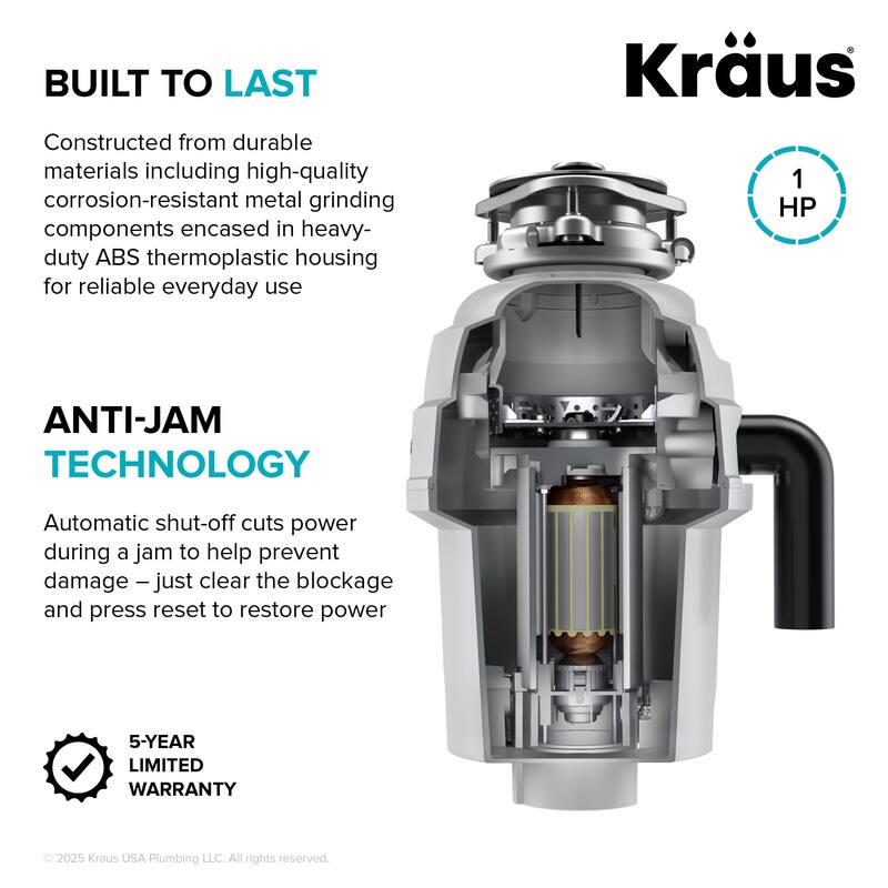 Kraus KWD201-100 WasteGuard 1 HP Continuous Garbage Disposal - Matte Cool Grey