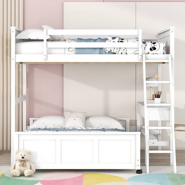 slide 2 of 9, Full over Full Bunk Bed with Built-in Desk&Drawers, Wooden Separated High Loftbed and Platform Bedframe, for Kids Adults Bedroom White - Full