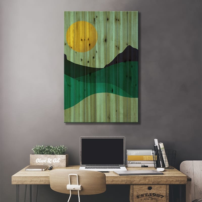 Chartreuse Moon Print On Wood by Reyna Noriega - Multi-Color