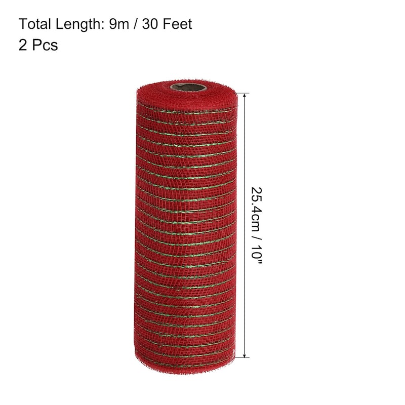 2 Pcs 10" x 30Feet PP Decorative Mesh Ribbon, Burgundy with Foil - Green/Red