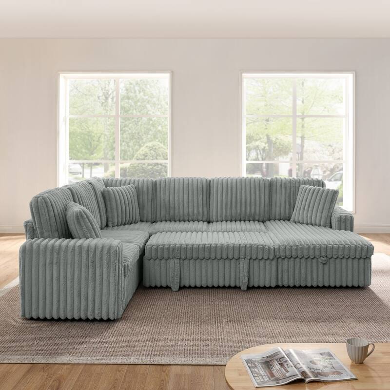 114” Modern Corduroy Striped U-shaped Combination Sofa with Pull-out Bed and Storage Chaise