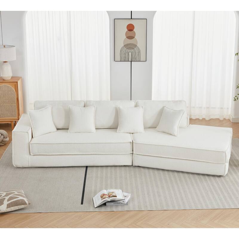133" Lamb Velvet Convertible Sectional Sleeper Sofa with 7 Pillows