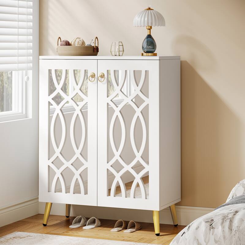 5-Tier Mirrored Shoe Cabinet with Door, 25-Pair Modern Shoe Storage Organizer - White