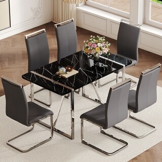 Modern Style Rectangular Dining Table Set with Marble Pattern Top and ...