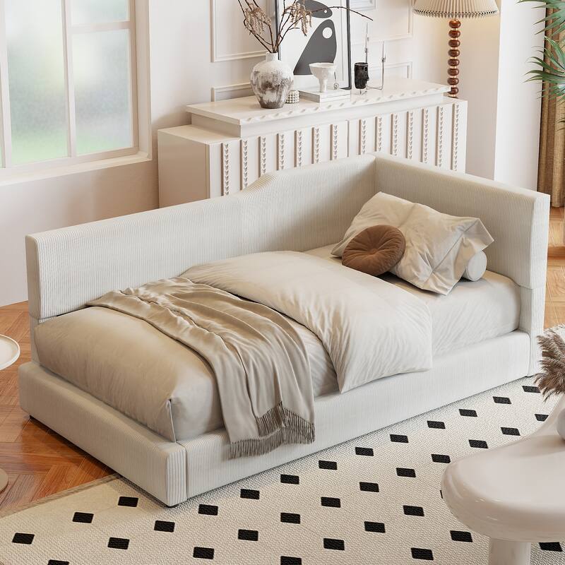 Twin Size L-Shaped Corduroy Daybed, Upholstered with Solid MDF Frame, Stylish Seating