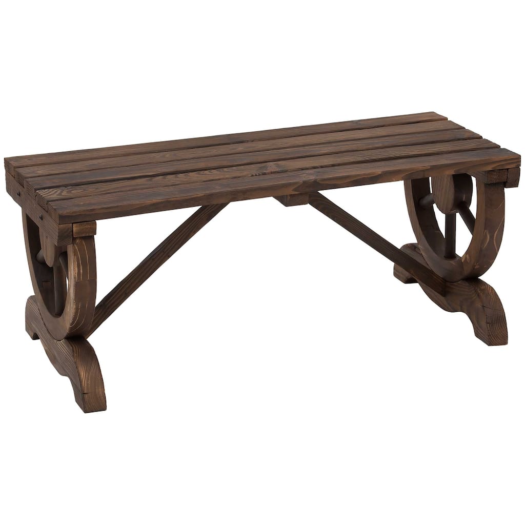 2-Person Wooden Garden Bench, Outdoor Wagon Wheel Porch Bench For Backyard Garden
