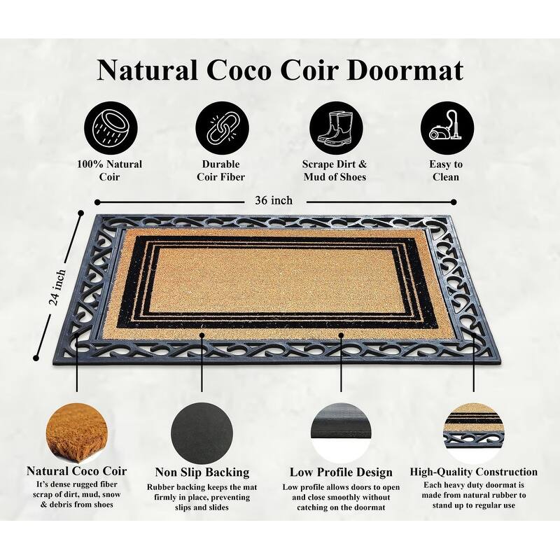 A1HC Natural Coir Entrance Door Mats, Large Rubber Doormat, Non-Slip, Flock Doormat, Thin-Profile Indoor Outdoor Mat 24" X 36"