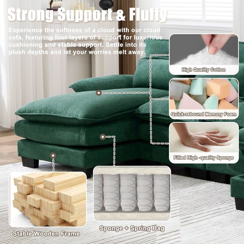 107.87" Modular Chenille Comfy Sectional Cloud Sofa with Double Chaise