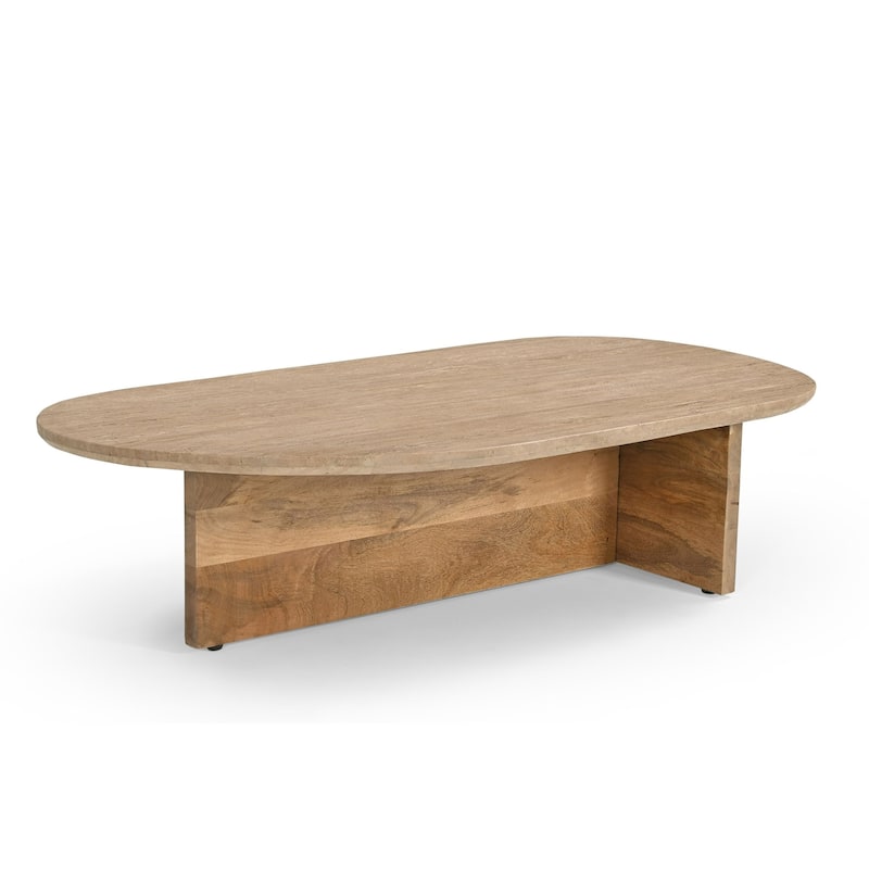 Modrest Chisholm Modern Travertine Marble & Wood Freeform Coffee Table