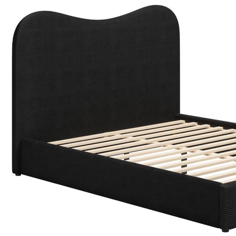 HomeRoots Black Ribbed Texture Velvet Upholstered Queen Bed Frame
