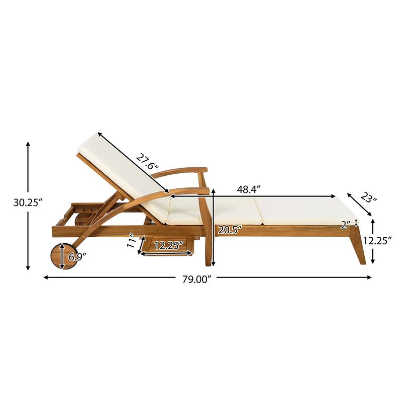 Wood Outdoor Chaise Lounge Set with Wheels, Adjustable Backrest, Foldable Side Table and Cushions for Poolside Balcony