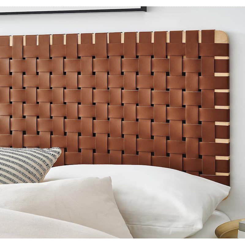 Ditmas Solid Wooden Brown Leather Basket Weaved Floating Full Size Headboard