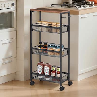 Javlergo 4-Tier Rolling Kitchen Cart with Mesh Baskets Brown Top & Wheels Space-Saving Storage Organizer with Handle for Home