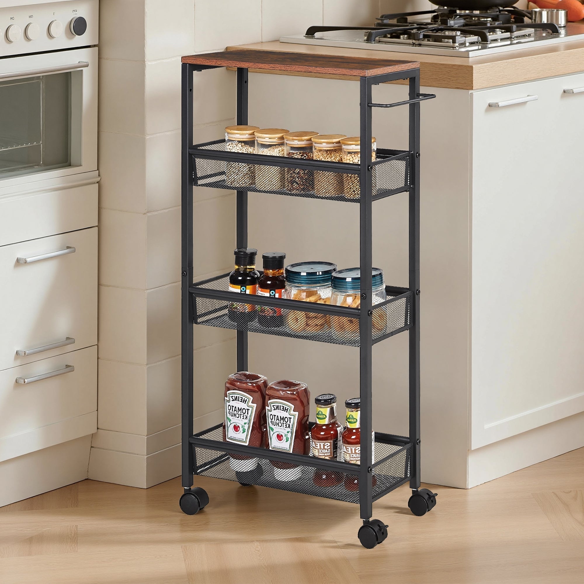 Javlergo 4-Tier Rolling Kitchen Cart with Mesh Baskets Brown Top & Wheels Space-Saving Storage Organizer with Handle for Home