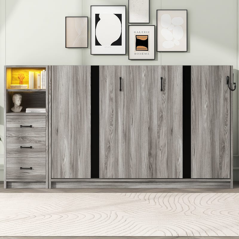 Twin Size Murphy Bed with 3 Drawers & LED Light, Foldable into Cabinet, Space-Saving Design, No Box Spring Required - Grey - Twin