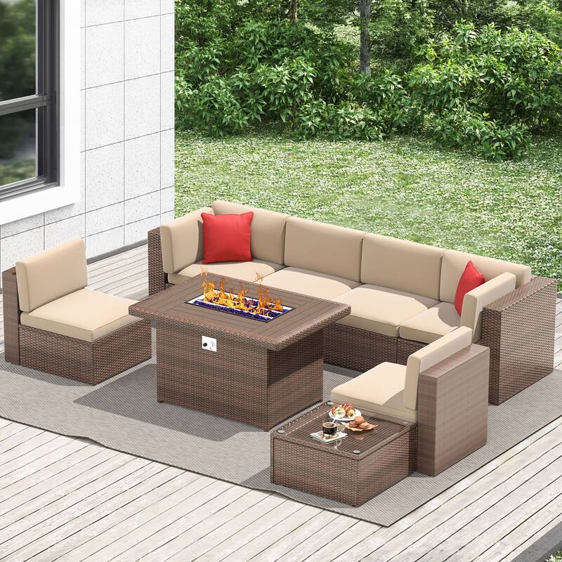 8 Pcs Patio Conversation Sets with Fire Pit Table - Brown