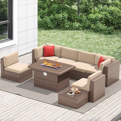8 Pcs Patio Conversation Sets with Fire Pit Table