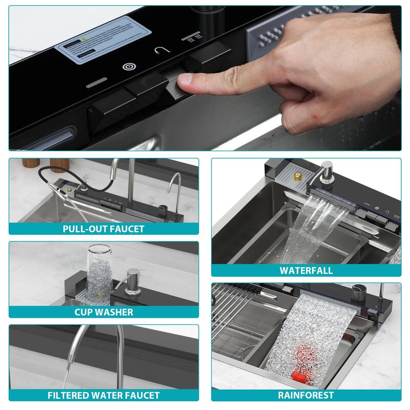 30" Kitchen Sink Waterfall Sink - Multifunction Single Bowl 16 Gauge Stainless Steel Ledge Workstation Smart Top Mount