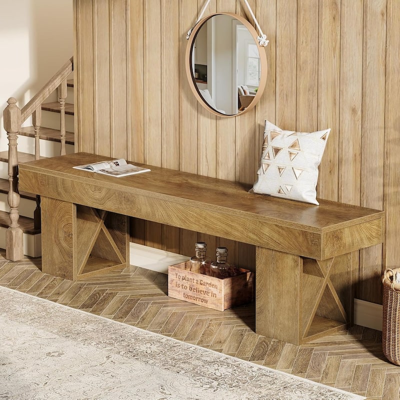 55" Extra Long Entryway Bench, Farmhouse Wooden Entry Shoe Bench Seat for Hallway, Bedroom, Living Room, Brown