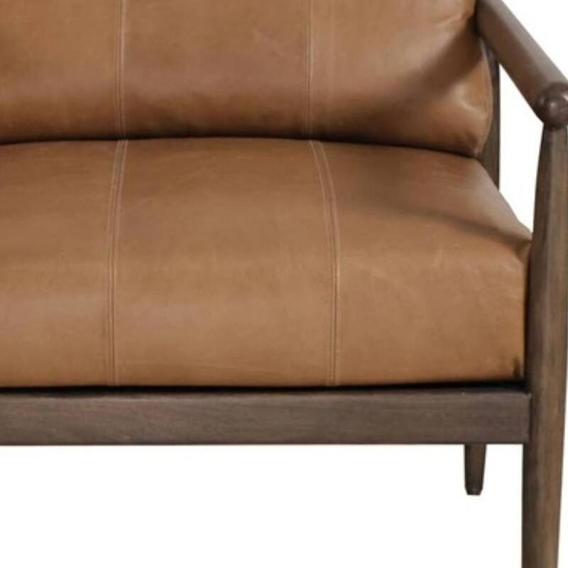 HomeRoots 28" Brown Genuine Leather and Solid Wood Arm Chair - 27.50 in. x 26.00 in. x 30.50 in.