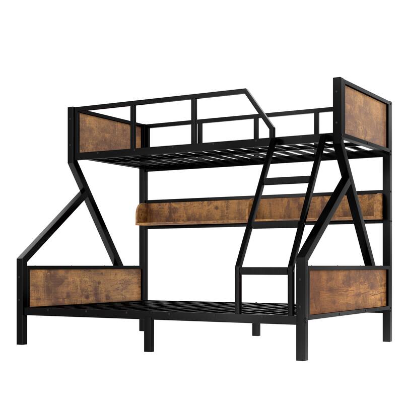Twin XL over Queen Bunk Bed, Metal Bunk Bed with Storage Shelves and Lights, Space-saving & Noise-free Design, Woodgrain