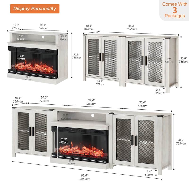 Rustic Wood Fireplace TV Stand with Mesh Barn Doors for Living Room