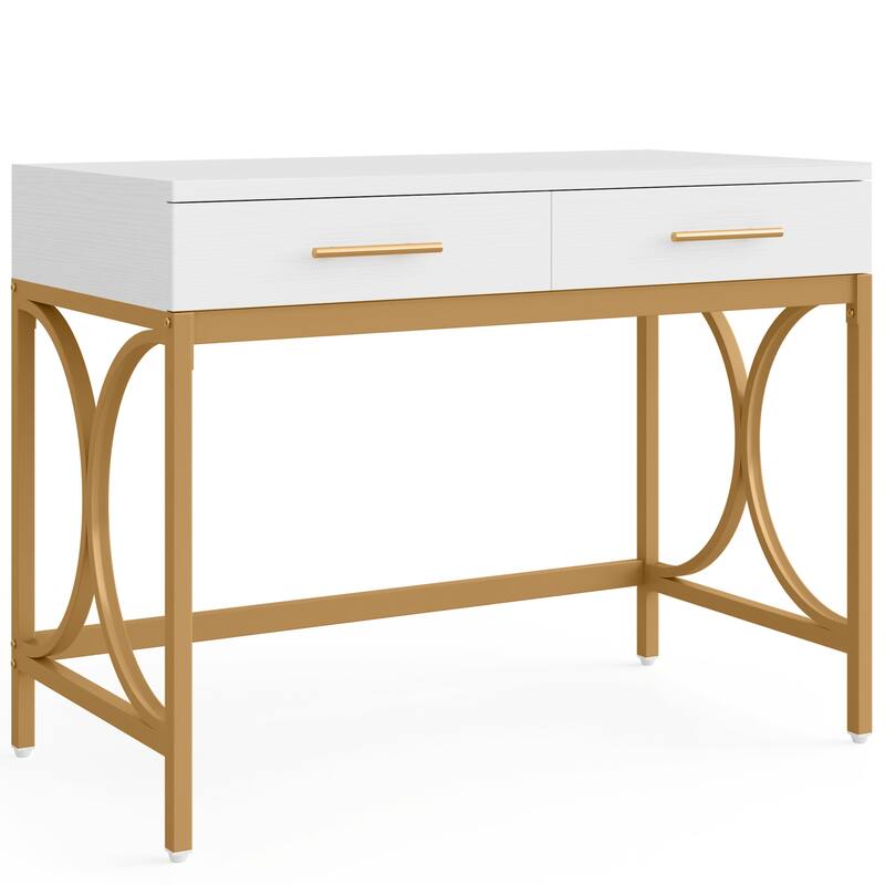 Modern Computer Writing Desk with 2 Drawers, White and Gold Home Office Desk, Makeup Vanity Table
