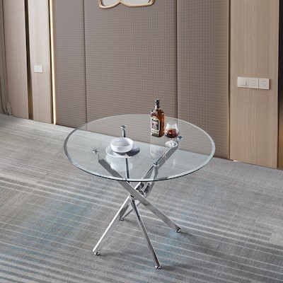 Contemporary Round Clear Dining Tempered Glass Table with Silver Finish Stainless Steel Legs