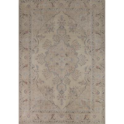 Floral Tabriz Persian Area Rug Hand-Knotted Beige Wool Carpet - 8'2"x 10'11"