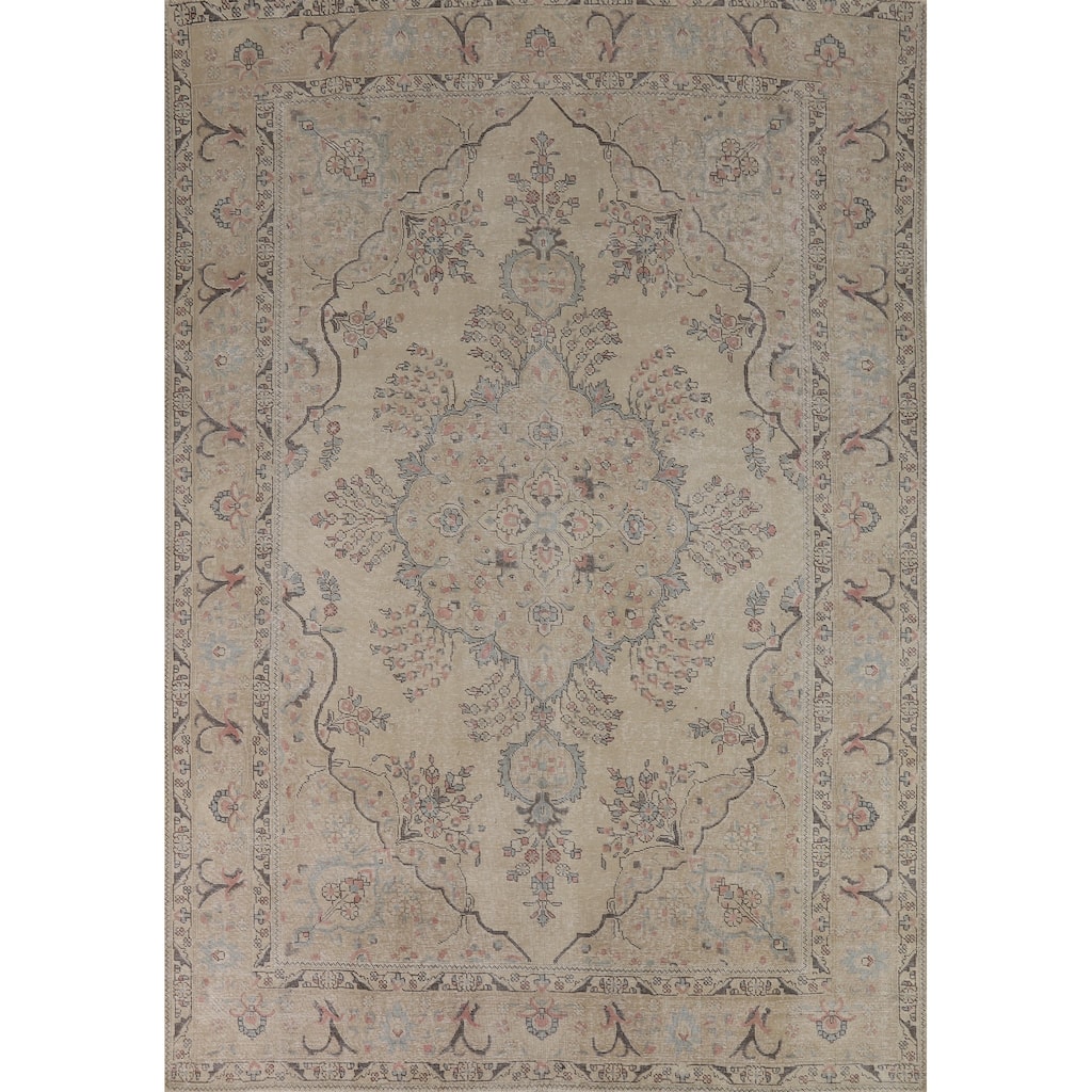 Floral Tabriz Persian Area Rug Hand-Knotted Beige Wool Carpet - 8'2"x 10'11"