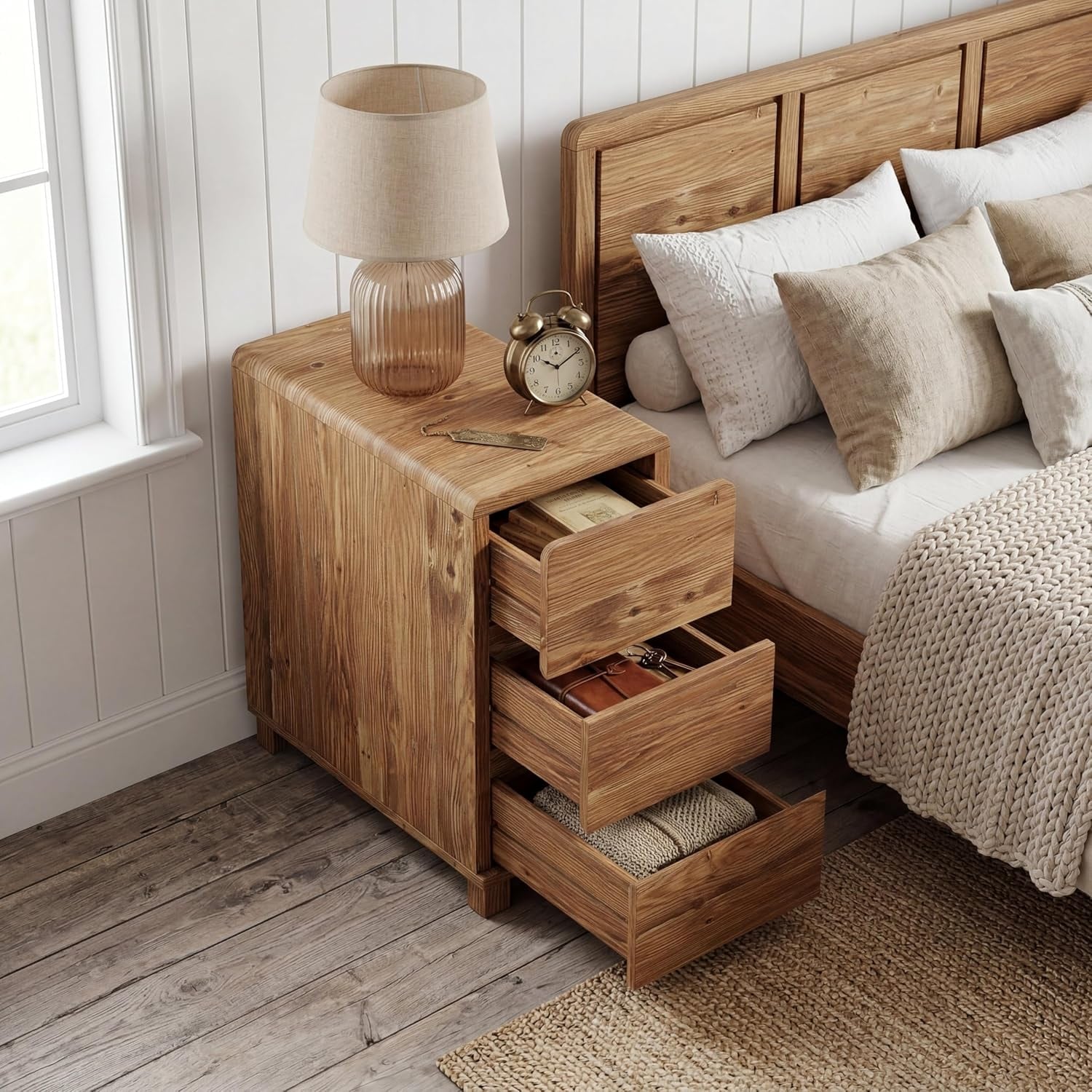 3-Drawer Solid Wood Nightstand, Farmhouse Rectangle Bedside Table for Bedroom