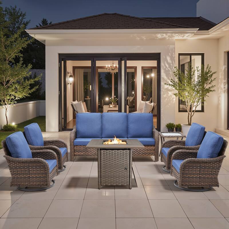 Pocassy Patio Funiture Sofa Swivel Chair Ottoman with Fire Table Set - Blue Cushion - Brown Wicker - 7-Piece Sofa Swivel Chair with Fire Pit Table