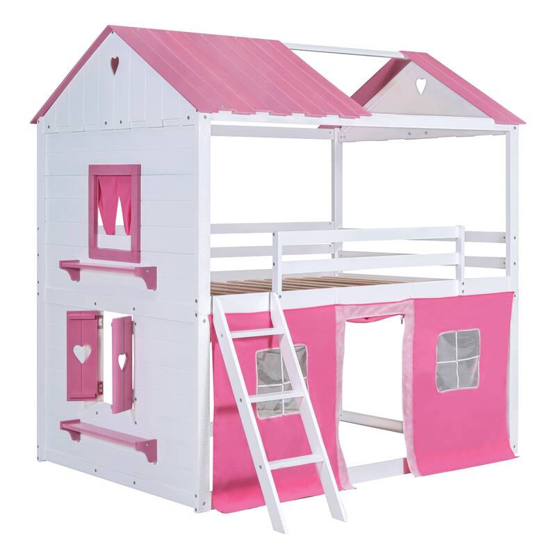 White+Pink Full Size Wood Castle House Bunk Bed with Windows, Sills, Tent, and Slide, Playhouse Design