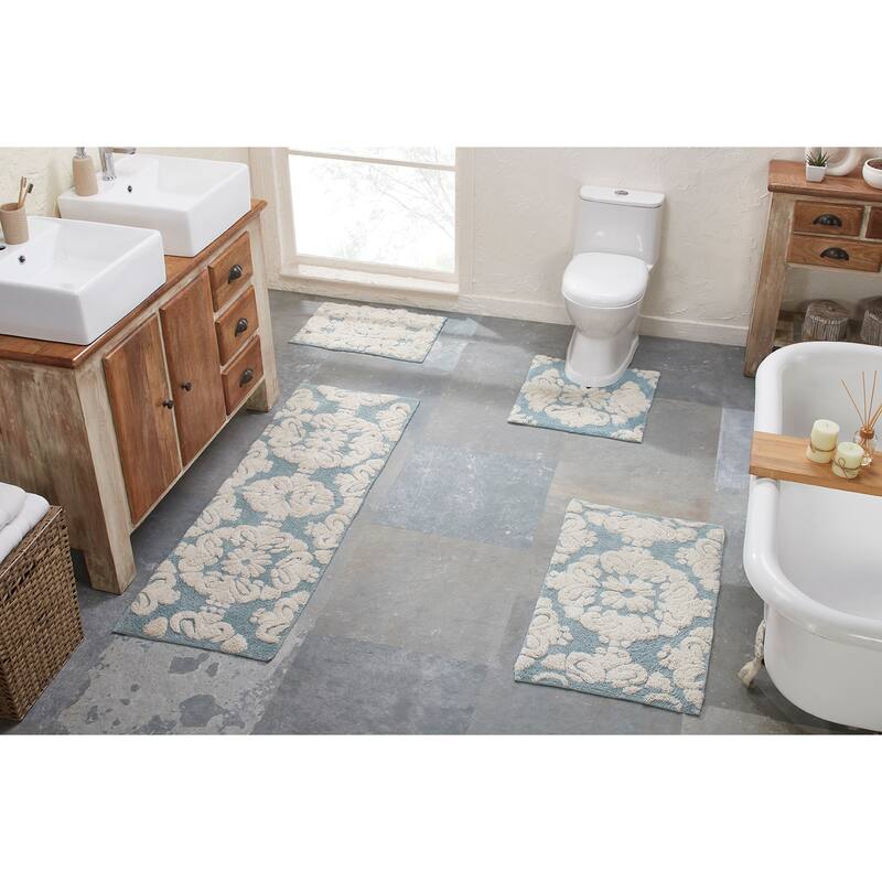 Better Trends Medallion Collection 100% Cotton 4-Pc Set Bathroom Rugs-Soft & Super Absorbent, Non-Skid Latex, Machine Washable - 4 Piece Set 17"x24" | 20"x20" | 21"x34" | 20"x60" - Blue & Natural