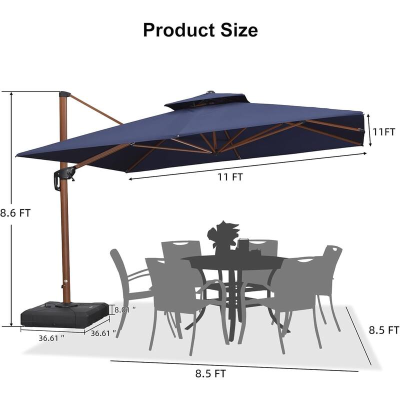 PURPLE LEAF 11ft Square Wood Pattern Patio Cantilever Umbrella with Base