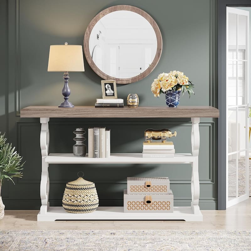 55" French Country Console Table - Farmhouse Sofa Table with 3 Storage Shelves for Hallway, Foyer & Living Room