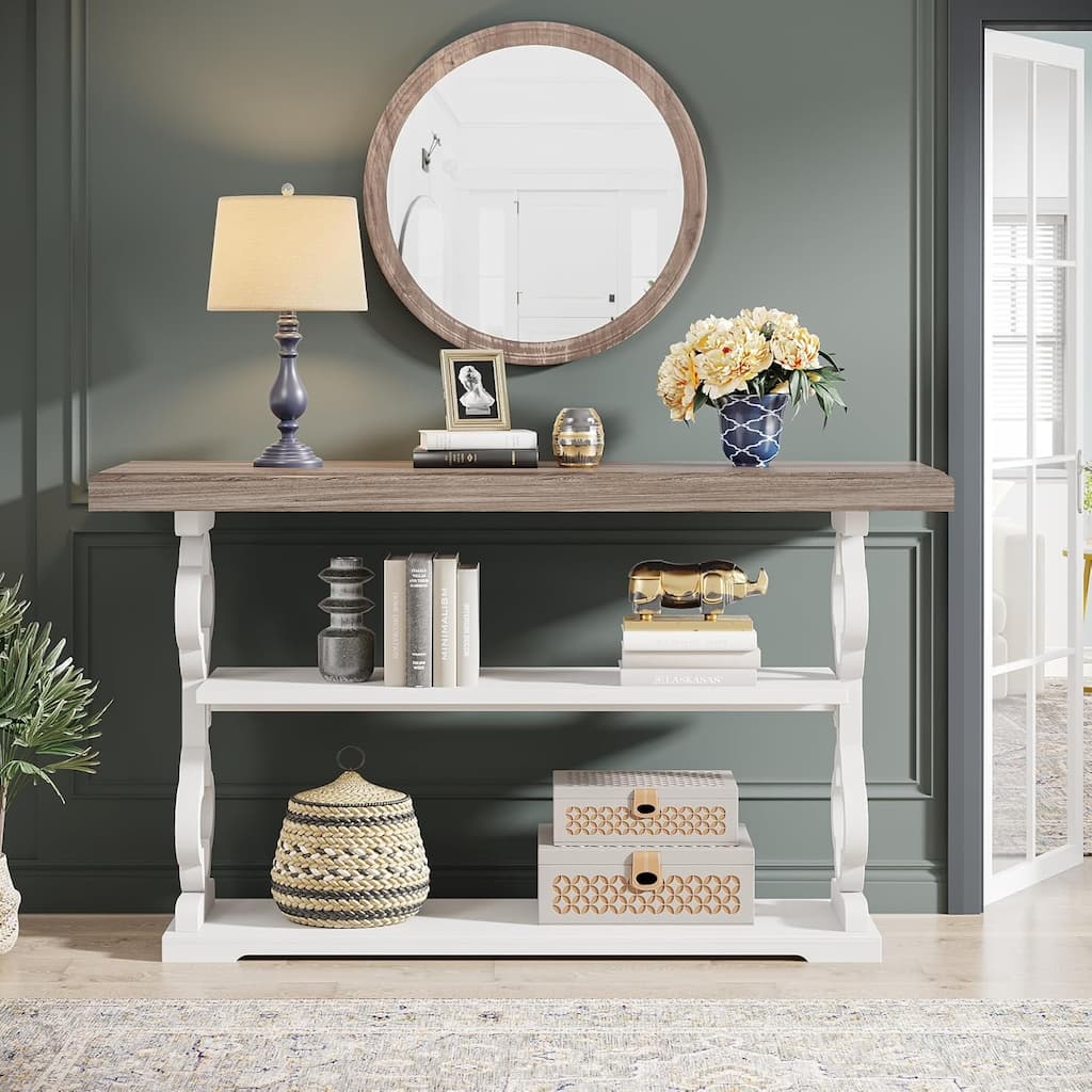 55" Grey & White French Country Console Table, Farmhouse Sofa Table with 3 Shelves and Floral Carving
