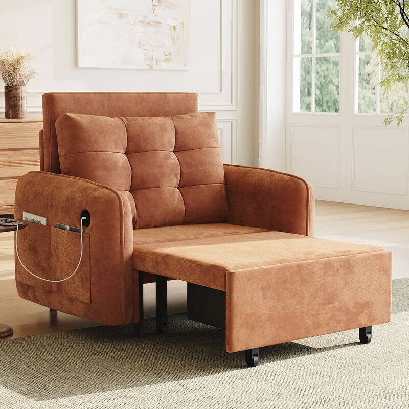 80" Extra Long Pull Out Sleeping Lounge with USB Charging, Storage Pockets and Box - Orange