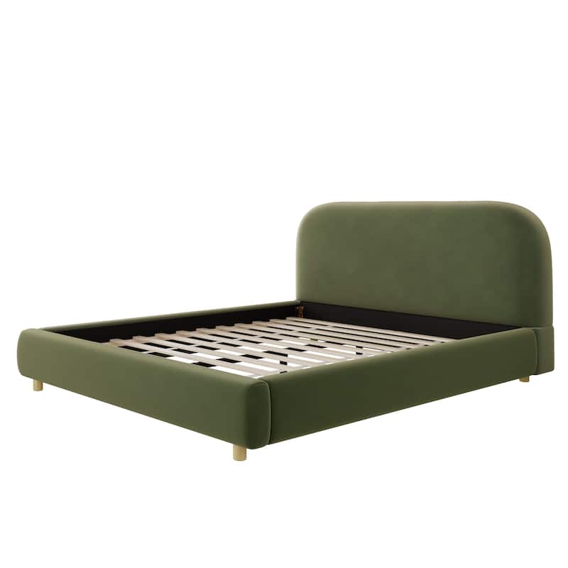 Queen Size Platform Bed with Velvet Fabric, Upholstered Bed with Curve Design Thick Headboard, Olive Green