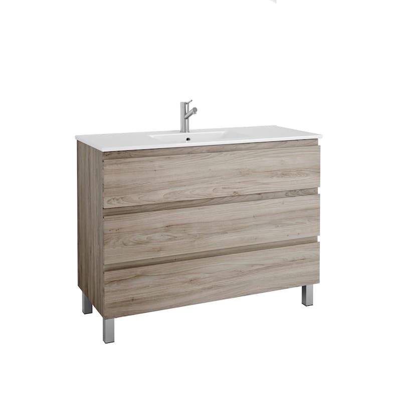 HomeRoots 48" Natural Wood Freestanding Bathroom Vanity With White Sink And Three Drawers - 48.00 in. x 39.06 in. x 18.10 in.