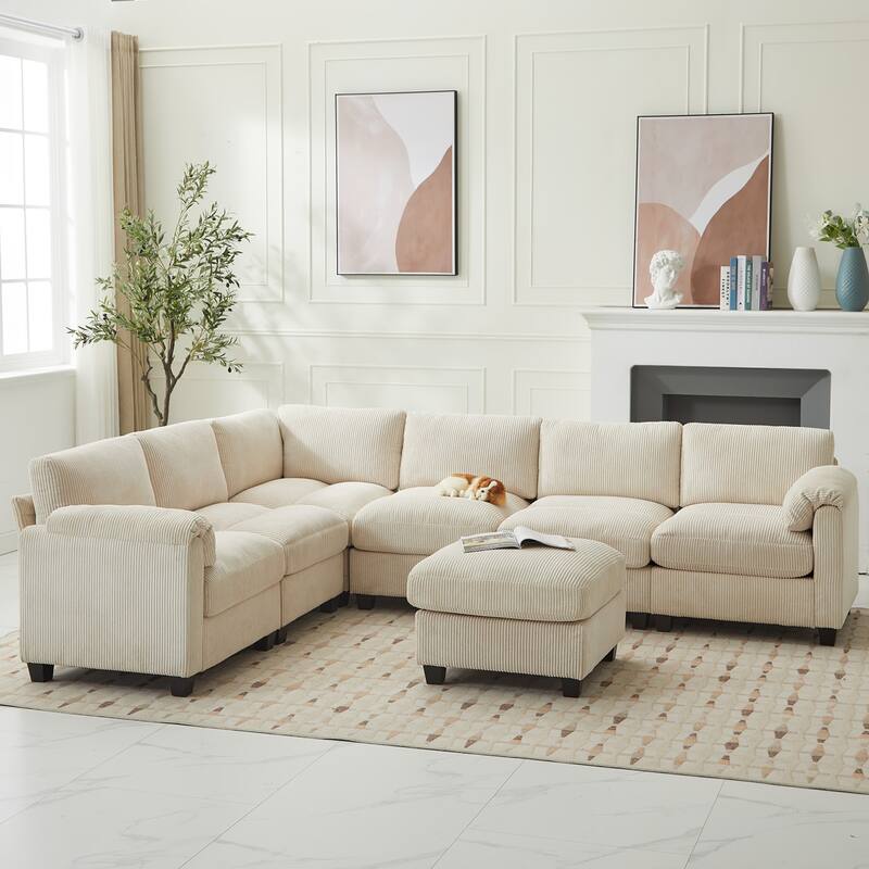Multi-Seater Corduroy Sectional Sofa, Soft & Comfortable Corner Sofa - 6 Seats & 1 Ottoman - Off White