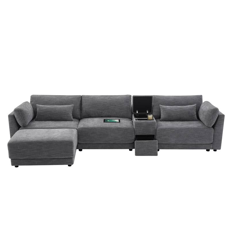 Roomfitters 124'' L-Shaped Sectional Sofa with Storage Console, Charging Station, Modular Couch with Ottoman, Chenille
